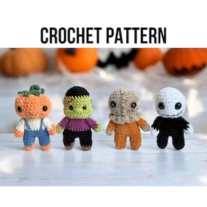 May include: Four crochet Halloween figures: a pumpkin, Frankenstein's monster, a character with a burlap sack head, and a skeleton. The figures are in a row, with the text "CROCHET PATTERN" above them. The background includes pumpkins.