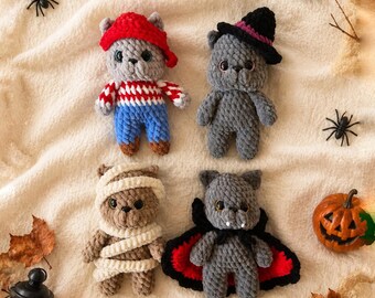 Low-Sew 4in1 Bundle PDF CROCHET PATTERN Halloween Cats (Dracula, Pirate, Witch, Mummy) | Kitten easy amigurumi baby toy