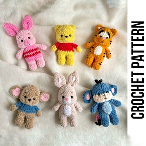 Low-Sew 6in1 PDF PATTERN Winnie the Pooh and Friends, crochet pattern, easy amigurumi baby toy, Eeyore, Roo, Piglet, Tigger, Rabbit image 1