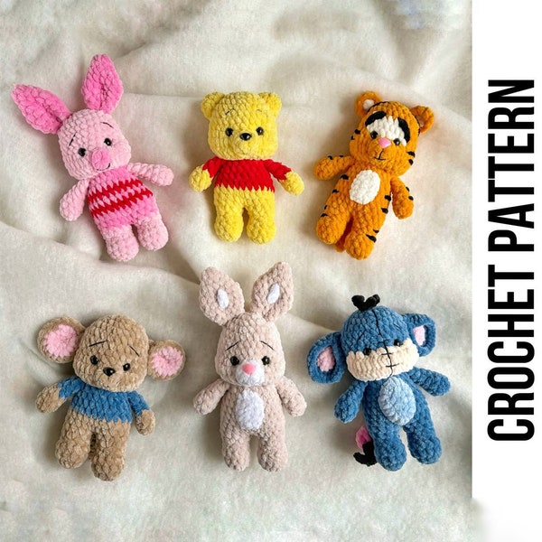 PATRÓN PDF 6en1 Winnie the Pooh y sus amigos, Patrón de crochet Amigurumi, juguete bebé amigurumi fácil, Eeyore, Roo, Piglet, Tigger, Conejo