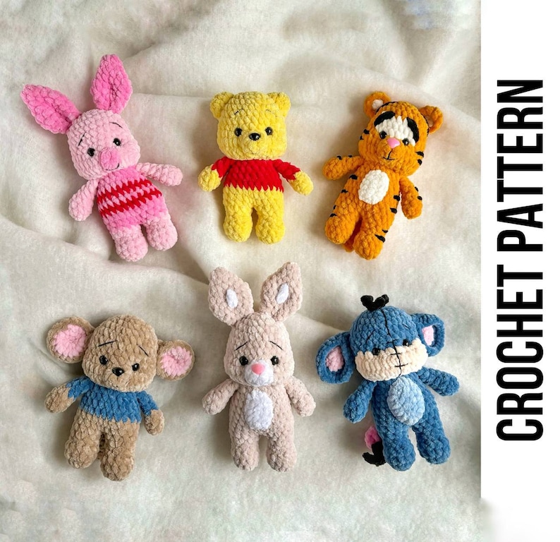 Low-Sew 6in1 PDF PATTERN Winnie the Pooh and Friends, crochet pattern, easy amigurumi baby toy, Eeyore, Roo, Piglet, Tigger, Rabbit image 1