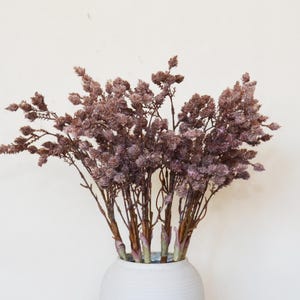 Könnte beinhalten: Ein Strauß getrockneter, malvenfarbener Blumen in einer weißen Keramikvase. Die Blumen haben ein strukturiertes Aussehen und sind in einem vollen, natürlichen Stil angeordnet. Die Vase ist rund mit einer leicht strukturierten Oberfläche, vor einem schlichten weißen Hintergrund.