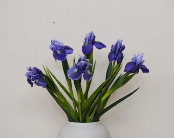 Künstliche Iris mit Blättern, Tectorum Iris, Japanische Iris, Pflanzenblumen, künstliche Frühlingsblüten, realistische Iris, Vasenblumen, Wohnkultur
