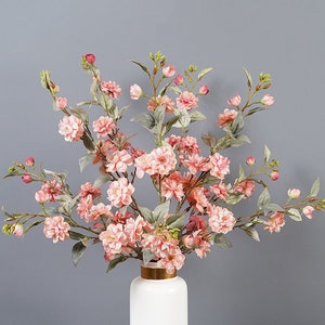 Cherry Blossom Long Stem with Buds and Leaves, Artificial Peach Blossom Craft, Rustic Wild Camellia Spray, Home Floral Decor, Wedding Flower