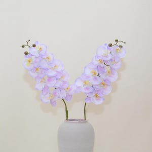 Puede incluir: Dos ramas de orquídeas lavanda en un jarrón de cerámica gris claro sobre un fondo blanco.