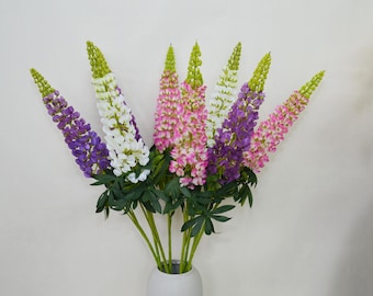 False Lupins, Fake Buddleja Davidii Stem with Leaves, Butterfly Bush Flower, Delphinium Spray, Rustic Lavender, Artificial Flower Craft
