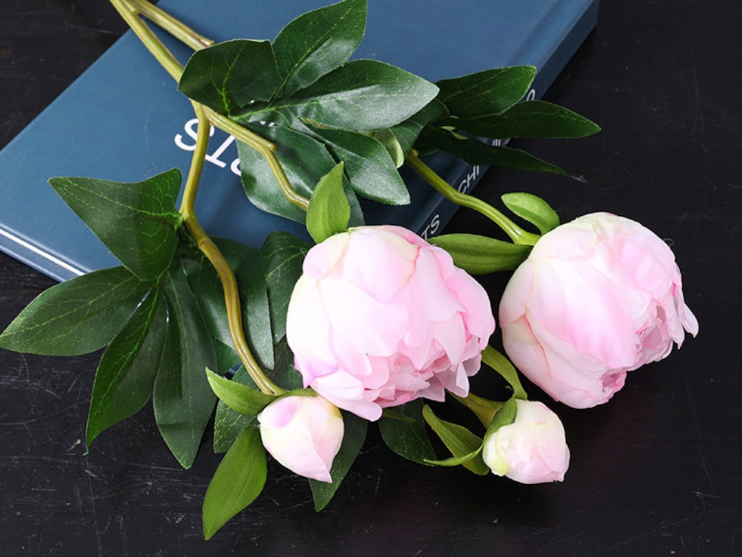 Artificial Peony Stem With Buds and Leaves, Fake Paeony Spray, Home