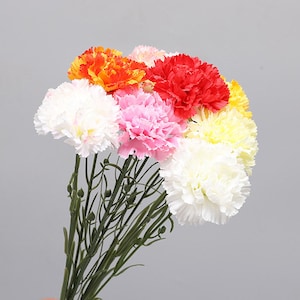 May include: A bouquet of artificial carnations in various colors, including white, pink, red, orange, and yellow. The carnations are arranged in a cluster with green stems.