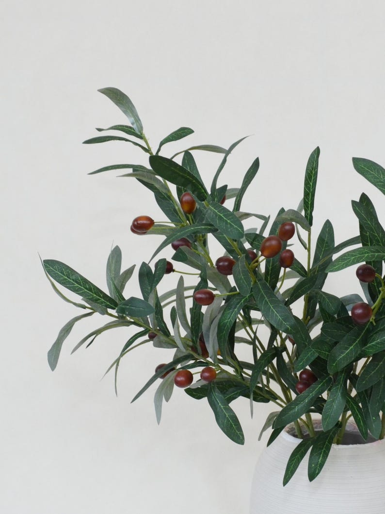 May include: A green olive branch with brown olives in a white ceramic vase. The branch has many leaves and is a realistic artificial plant.