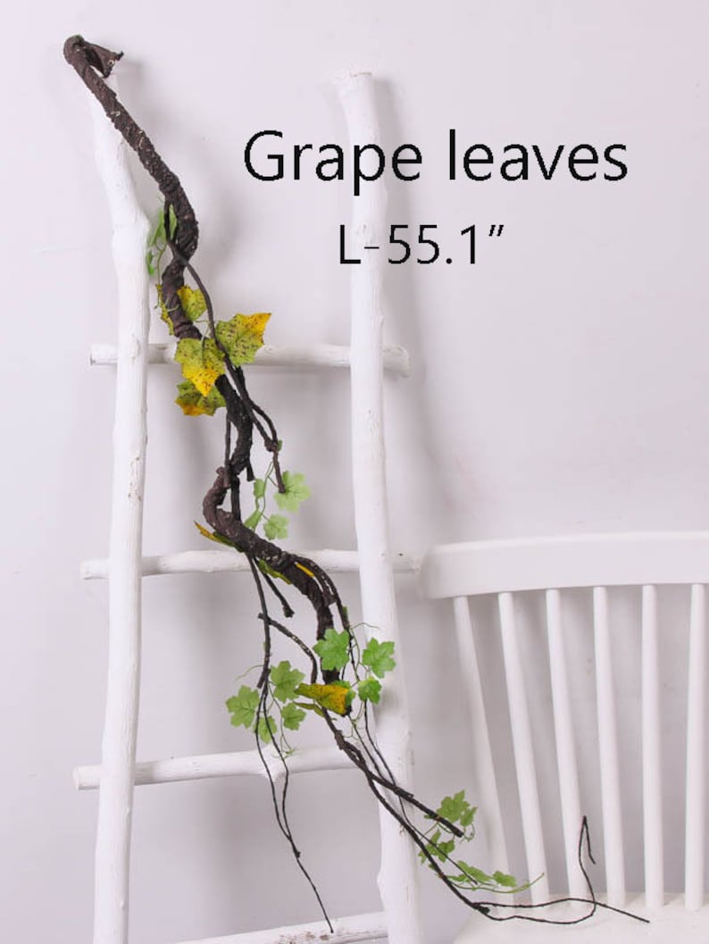 May include: A long, brown, vine-like stem with green and yellow leaves. The stem is wrapped around a white ladder. The text "Grape leaves L-55.1" is printed on a white background.