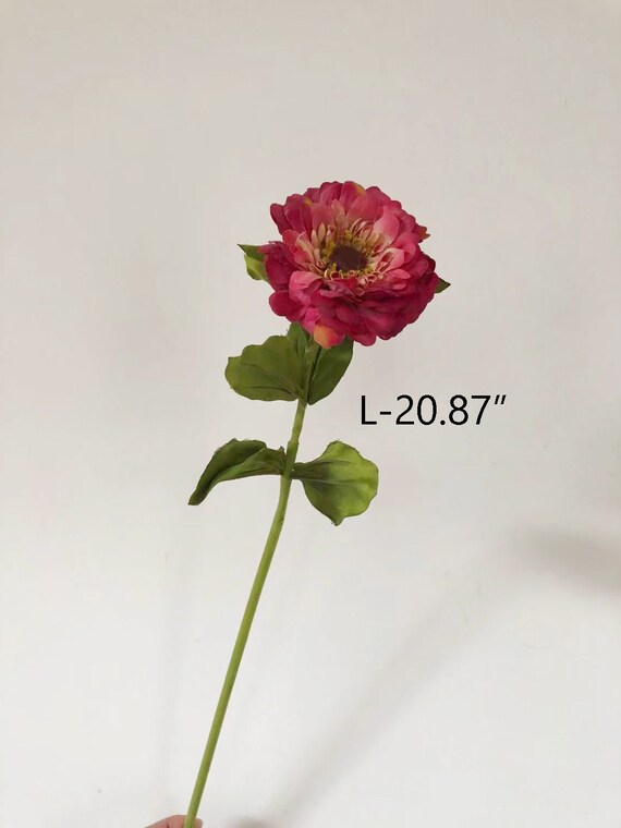 Artificial Zinnia Flower Stem With Leaf, Realistic Dahlia