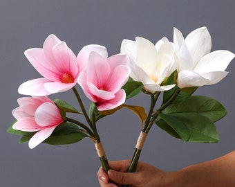 Puede incluir: Un ramo de flores de magnolia rosa y blanca con hojas verdes. Las flores están dispuestas en un ramo atado a mano.