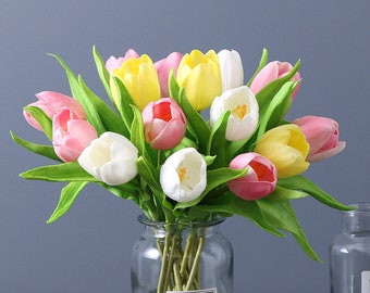 Fake Tulip Stems With Leaves, PU Flower Crafts, For Bridal Bouquets, Wedding Floral Arrangements, Home Party Decor, Table Bloom Centerpiece