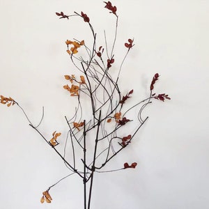 Pode incluir: Arte de parede em metal com um design estilizado de galho de árvore. Os galhos são marrons escuros, com detalhes de folhas laranja e vermelhas. A obra de arte é montada em um fundo branco, adequada para decoração de interiores.