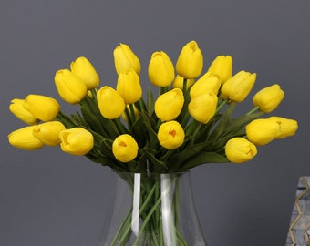 Hastes de tulipa PU com folhas, artesanato de flores artificiais, decoração floral para casa, enchimento de buquê de casamento, arranjo de flor de festa, peça central de mesa