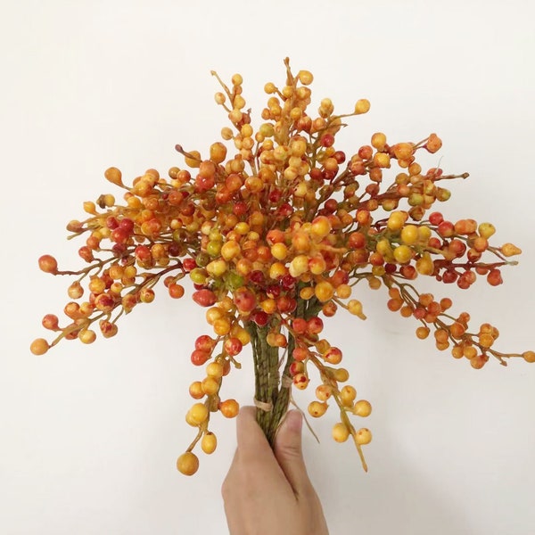 Orange Berry Bouquet Artificial, Fake Small Fruit Crafts, Home Floral Decor, Window Flower Arrangement, Dining Room Vase Filler, for Kitchen