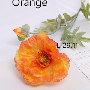 Fake Poppy Stems with Buds, Artificial Flower Crafts, Rustic Floral Decor, Wedding Party Bloom Arrangement, Dining Table Centerpiece, Gift Orange