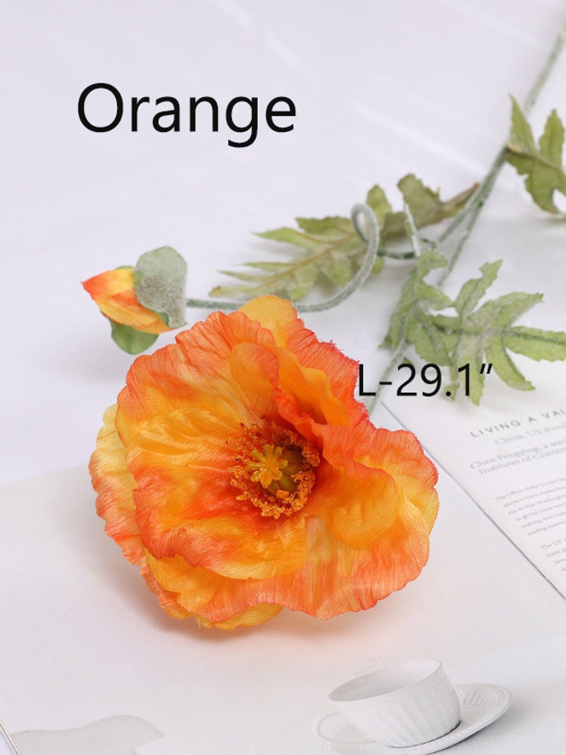 Fake Poppy Stems with Buds, Artificial Flower Crafts, Rustic Floral Decor, Wedding Party Bloom Arrangement, Dining Table Centerpiece, Gift Orange