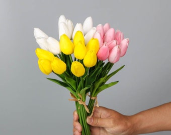 PU Tulip Bouquet with Leaves, Artificial Flower Crafts, Home Floral Decor, for Wedding Bridal, Party Table Centerpiece, Indoor Arrangement