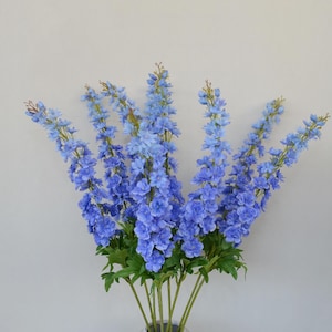 Fake Delphinium Long Stem with Leaves, Artificial Flower Craft, Home Floral Decor, Wedding Party Bloom Arrangement, Dining Table Centerpiece