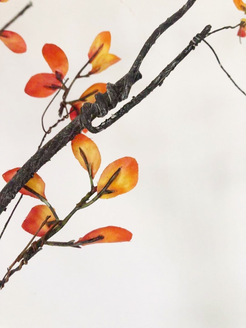 May include: A close-up of a branch with orange and yellow leaves. The branch is twisted and gnarled, and the leaves are delicate and fragile. The background is a white wall.