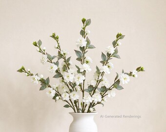 May include: A bouquet of artificial white flowers with multiple stems, featuring small white blossoms and green leaves, arranged in a white vase. The stems extend outward in a fan shape, displaying several unopened buds at the tips.