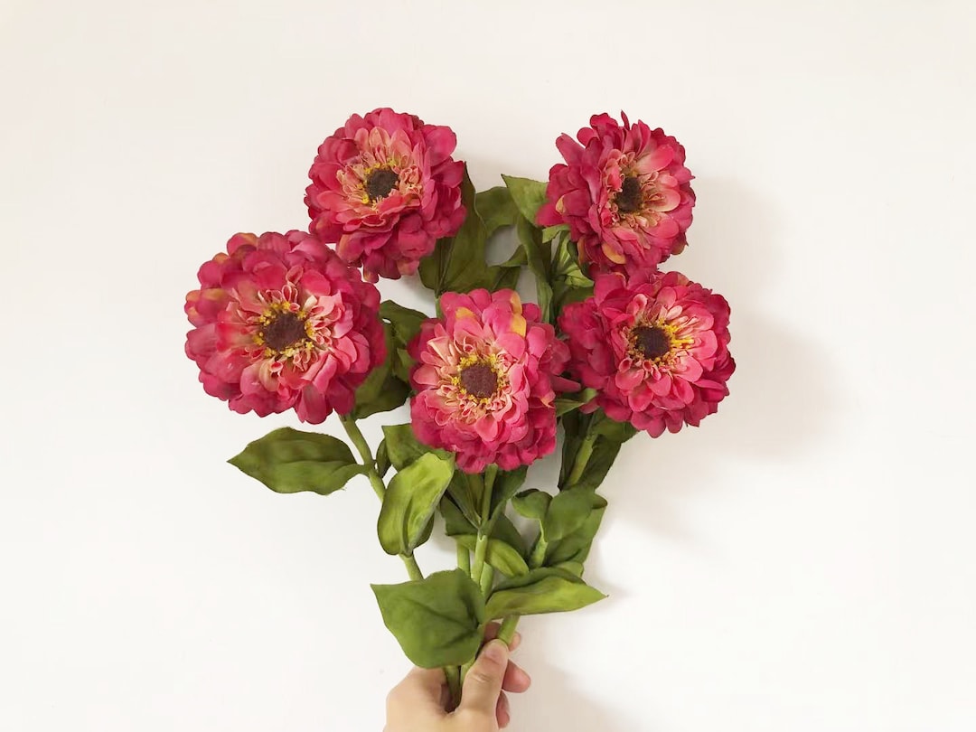 Artificial Zinnia Flower Stem With Leaf, Realistic Dahlia, Fake Mum