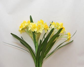 Daffodil Bouquet with Foliage, Fake Narcissus Bundle, Artificial Flower Crafts, Home Floral Decor, Wedding Party Arrangement Centerpiece