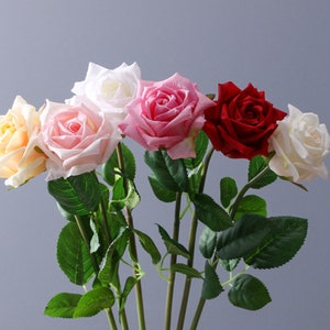Real Touch Rose Stems with Foliage, Artificial Flower Crafts, Bridal Bouquet Fillers, Home Floral Decor, Wedding Party Table Centerpieces