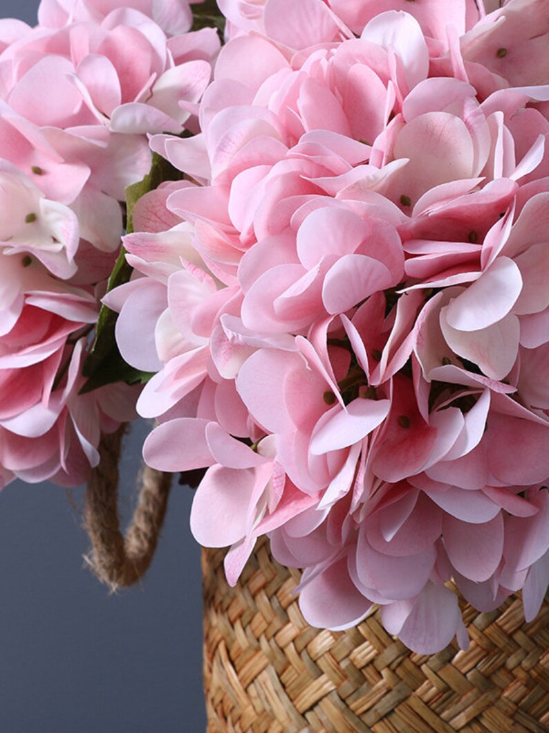 Puede incluir: Primer plano de un ramo de flores de hortensia rosa en una cesta tejida. Las flores tienen m&uacute;ltiples capas de delicados p&eacute;talos en varios tonos de rosa. La cesta est&aacute; hecha de material tejido natural y se ve un asa de cuerda.