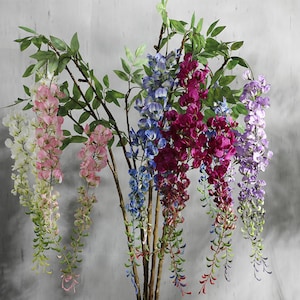 Wisteria Flower with Long Stem and Leaves, Fake Bean Blossom Craft, Artificial Flower, Home Floral Decor, for Wedding Wreath Bouquet Arch
