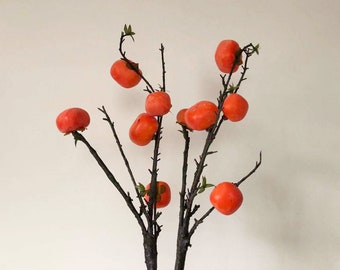 Artificial Persimmon Long Branch, Fall Fruit Stem Crafts, Chinese Home Floral Decor, Wedding Arrangement, Floor Vase Filler, for Dining Room