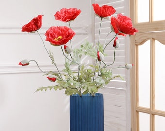 Fake Poppy Stems with Buds, Artificial Flower Crafts, Rustic Floral Decor, Wedding Party Bloom Arrangement, Dining Table Centerpiece, Gift