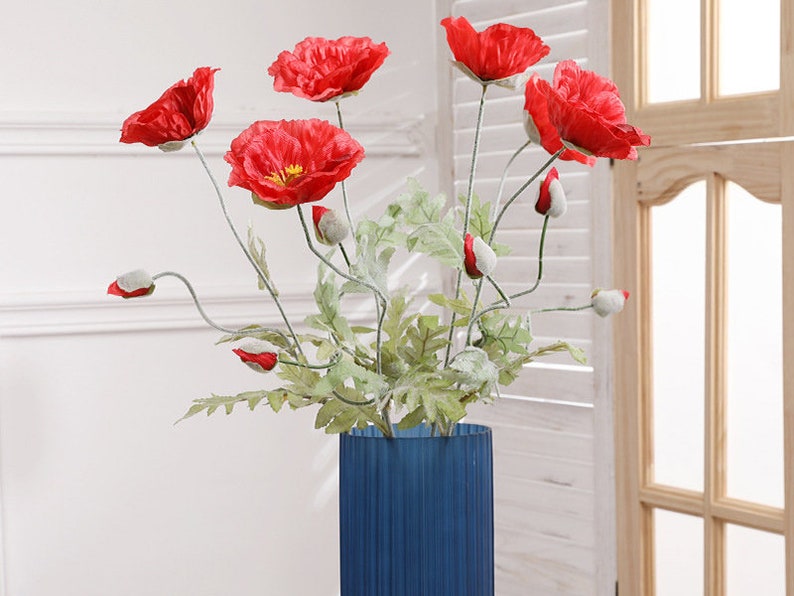 Fake Poppy Stems with Buds, Artificial Flower Crafts, Rustic Floral Decor, Wedding Party Bloom Arrangement, Dining Table Centerpiece, Gift image 1