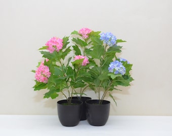 Ortensie artificiali con vasi, rami di ortensia con foglie, centrotavola, composizioni floreali, composizioni floreali per matrimoni.