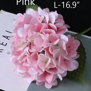 Puede incluir: Una flor de hortensia rosa con tallo y hoja verdes. La flor es un grupo de peque&ntilde;os y delicados p&eacute;talos en tonos rosa y blanco. El texto "Pink L-43cm" es visible.