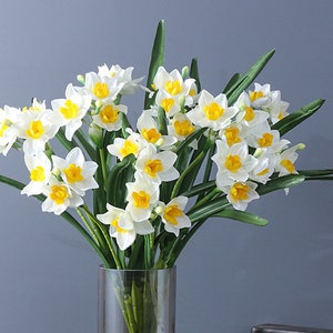 Daffodil Bouquet with Foliage, Fake Narcissus Bundle, Artificial Flower Crafts, Home Floral Decor, Wedding Party Arrangement Centerpiece