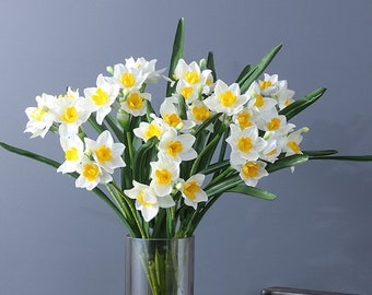 Daffodil Bouquet with Foliage, Fake Narcissus Bundle, Artificial Flower Crafts, Home Floral Decor, Wedding Party Arrangement Centerpiece