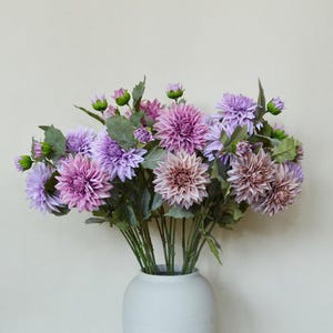Artificial Dahlia Stem with Leaves, Fake Flower with Buds, Vintage Dahlia Spray, Realistic Crafts, Indoor Arrangement, on Table Centerpiece