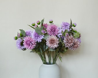 Artificial Dahlia Stem with Leaves, Fake Flower with Buds, Vintage Dahlia Spray, Realistic Crafts, Indoor Arrangement, on Table Centerpiece