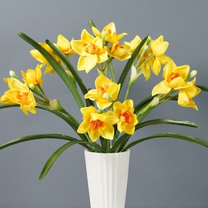 Artificial Daffodil Stems with Foliage, Fake Narcissus Flower Crafts, Home Floral Decor, Bridal Bouquet Fillers, Wedding Party Arrangement