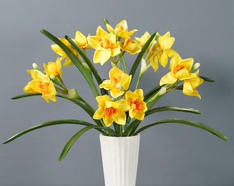 Artificial Daffodil Stems with Foliage, Fake Narcissus Flower Crafts, Home Floral Decor, Bridal Bouquet Fillers, Wedding Party Arrangement