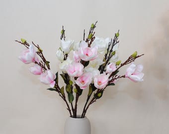 Artificial Magnolia, Magnolia Stem with Leaves, Fake Flower Craft, Home Floral Decor, Wedding Party Flower Arrangement, Table Centerpiece
