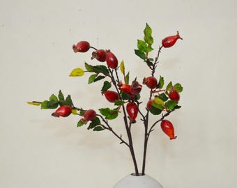 Artificial Rosehip Stems with Leaves, Fake Berry Branches, Rustic Berry Decor, Autumn Berries, Farmhouse Decor, Faux Berry Craft, Home Decor