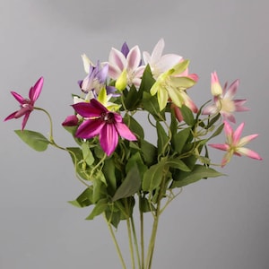 Artificial Clematis Flowers Stem with Foliage Buds Craft, Rustic Wildflower, Living Room Floral Decor, Wedding Party Arrangement Centerpiece