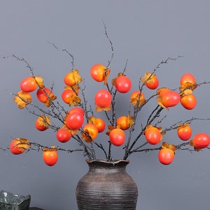 Fake Persimmon Branch With Leaves, Autumn Fruit Crafts, Rustic Home Floral Decor, Artificial Flowers, Wedding Party Arrangement Centerpiece