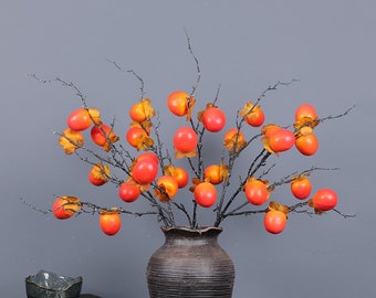 Fake Persimmon Branch With Leaves, Autumn Fruit Crafts, Rustic Home Floral Decor, Artificial Flowers, Wedding Party Arrangement Centerpiece