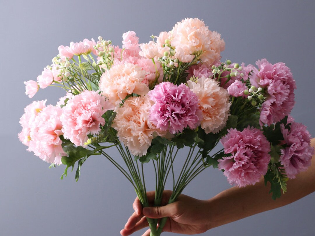Fake Carnation Bouquet With Leaves and Buds, Bridal Flower Craft, Home