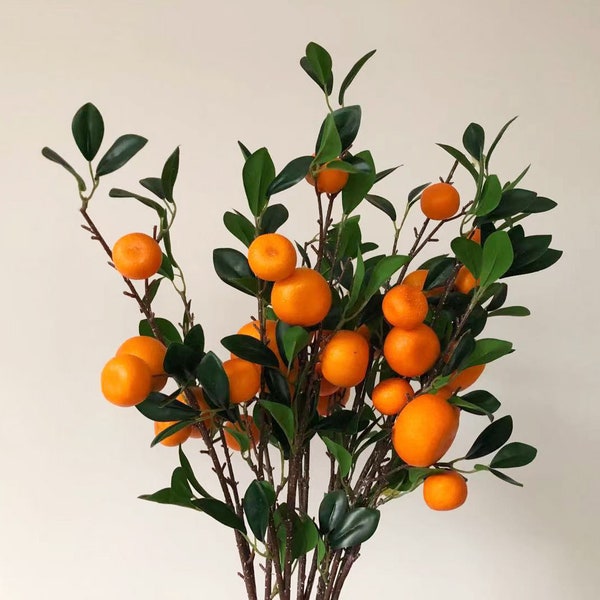 Orange Long Branch with Foliage Artificial, Realistic Citrus Fruit Spray, Fake Tangerine Stem, Fall Home Floral Decor, Wedding Arrangement