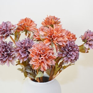 Dried Dahlia Stem with Leaves, Vintage Living Room Floral Decor, Artificial Flower Craft, Wedding Party Bloom Arrangement, Table Centerpiece